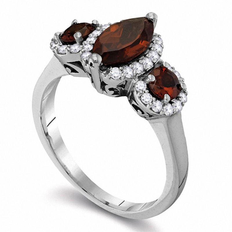 Marquise Garnet and 0.33 CT. T.W. Natural Diamond Frame Three Stone Ring in Solid 14K White Gold