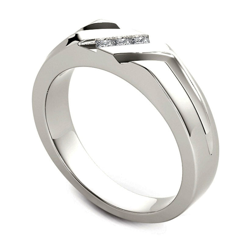 Men's 0.13 CT. T.W. Square-Cut Natural Diamond Three Stone Slant Wedding Band in Solid 14K White Gold