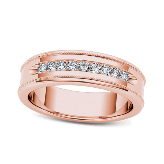 Men's 0.33 CT. T.W. Natural Diamond Channel Milgrain Wedding Band in Solid 14K Rose Gold