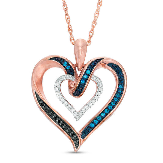 0.17 CT. T.W. Enhanced Blue, Black and White Natural Diamond Heart Pendant in Sterling Silver with 14K Rose Gold Plate