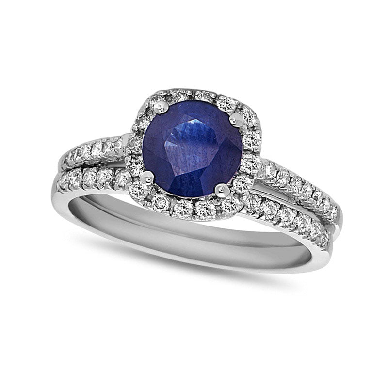 6.0mm Blue Sapphire and 0.38 CT. T.W. Natural Diamond Cushion Frame Bridal Engagement Ring Set in Solid 14K White Gold