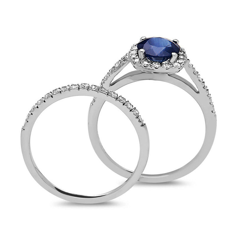 6.0mm Blue Sapphire and 0.38 CT. T.W. Natural Diamond Cushion Frame Bridal Engagement Ring Set in Solid 14K White Gold