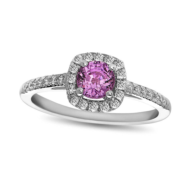 5.0mm Pink Sapphire and 0.25 CT. T.W. Natural Diamond Cushion Frame Engagement Ring in Solid 14K White Gold