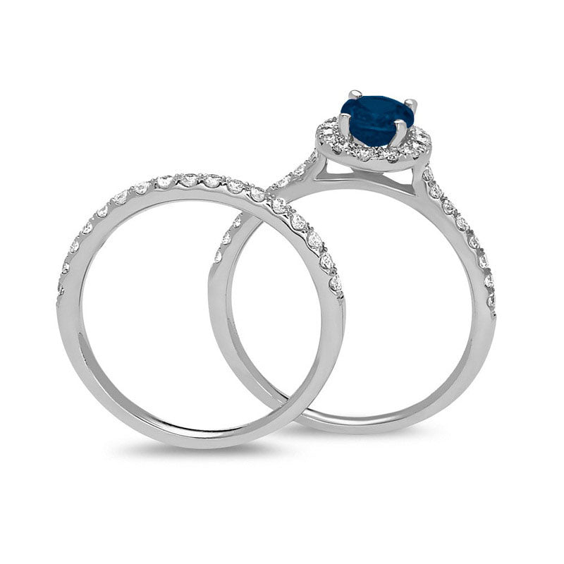 Oval Blue Sapphire and 0.63 CT. T.W. Natural Diamond Frame Bridal Engagement Ring Set in Solid 14K White Gold