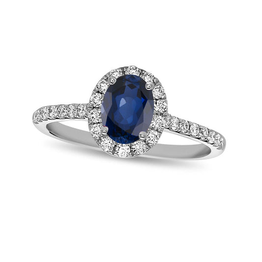 Oval Blue Sapphire and 0.38 CT. T.W. Natural Diamond Frame Engagement Ring in Solid 14K White Gold