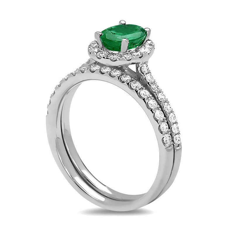 Oval Emerald and 0.63 CT. T.W. Natural Diamond Frame Bridal Engagement Ring Set in Solid 14K White Gold