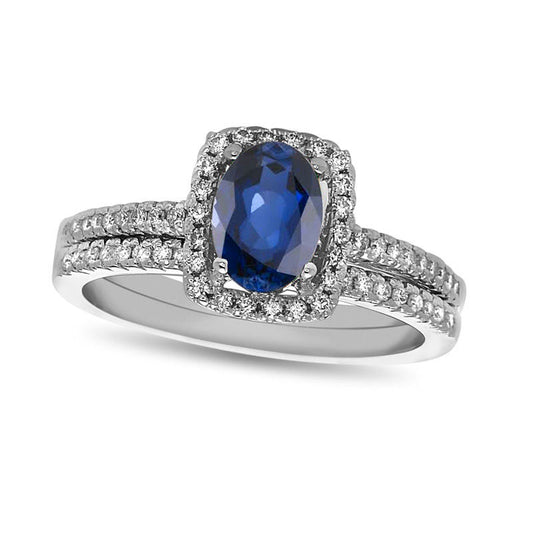 Oval Blue Sapphire and 0.33 CT. T.W. Natural Diamond Frame Bridal Engagement Ring Set in Solid 14K White Gold