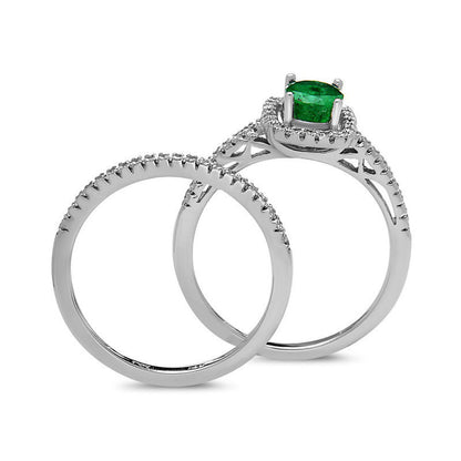 Oval Emerald and 0.33 CT. T.W. Natural Diamond Frame Bridal Engagement Ring Set in Solid 14K White Gold