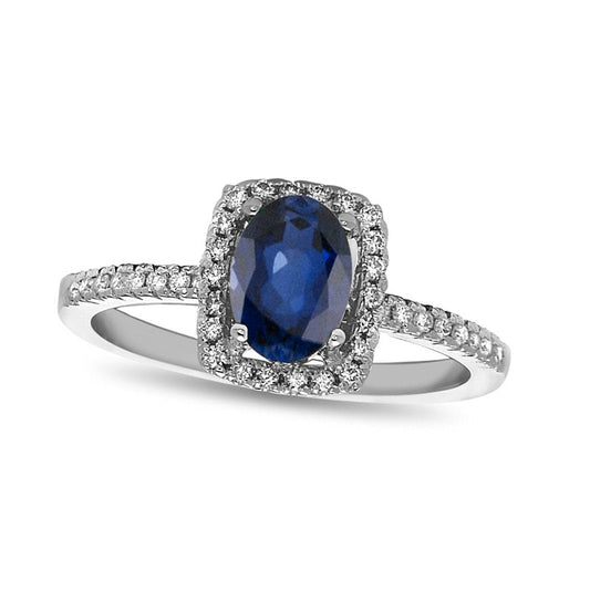 Oval Blue Sapphire and 0.20 CT. T.W. Natural Diamond Frame Engagement Ring in Solid 14K White Gold