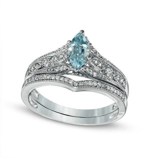 Marquise Aquamarine and 0.20 CT. T.W. Natural Diamond Antique Vintage-Style Bridal Engagement Ring Set in Solid 10K White Gold