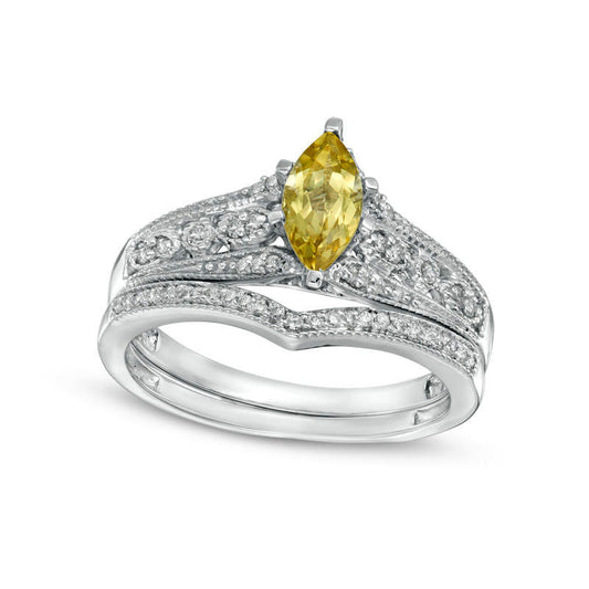 Marquise Yellow Beryl and 0.20 CT. T.W. Natural Diamond Antique Vintage-Style Bridal Engagement Ring Set in Solid 10K White Gold