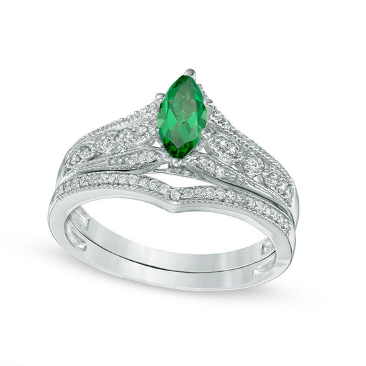 Marquise Lab-Created Emerald and 0.20 CT. T.W. Diamond Antique Vintage-Style Bridal Engagement Ring Set in Solid 10K White Gold