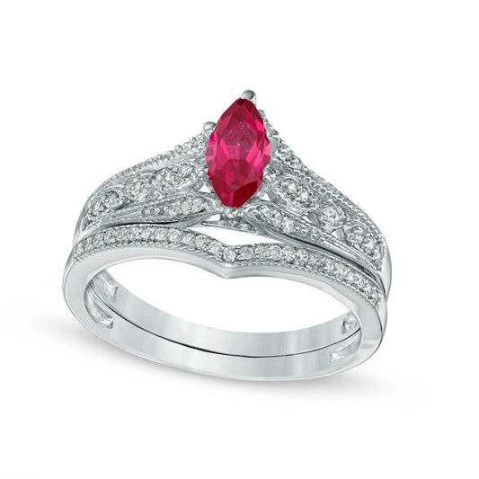 Marquise Lab-Created Ruby and 0.20 CT. T.W. Diamond Antique Vintage-Style Bridal Engagement Ring Set in Solid 10K White Gold