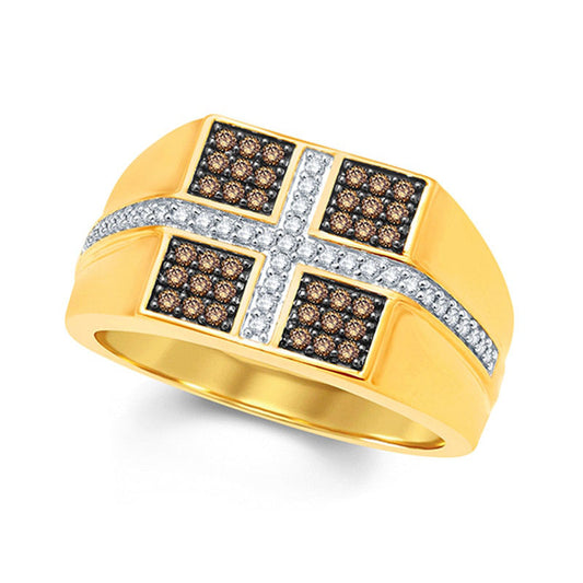 Men's 0.50 CT. T.W. Champagne and White Natural Diamond Cross Signet Ring in Solid 10K Yellow Gold