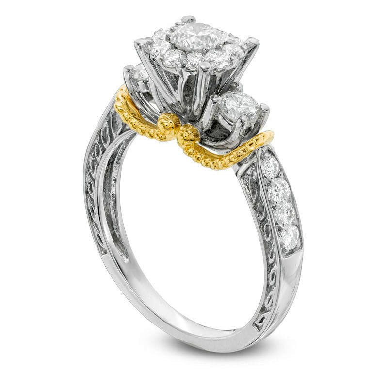 1.0 CT. T.W. Natural Diamond Frame Three Stone Antique Vintage Style Engagement Ring in Solid 14K Two-Tone Gold