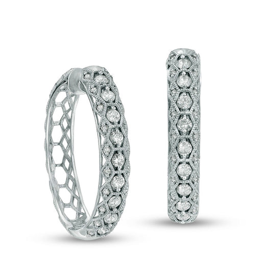 0.88 CT. T.W. Diamond Geometric Milgrain Hoop Earrings in 10K White Gold