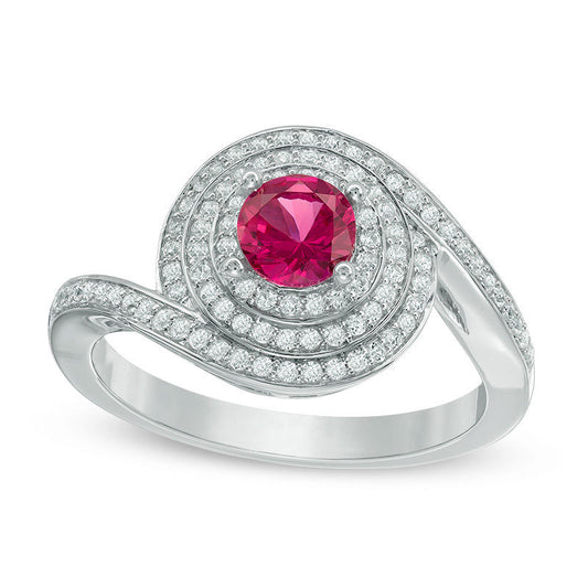 5.0mm Lab-Created Ruby and White Sapphire Layered Swirl Frame Ring in Sterling Silver
