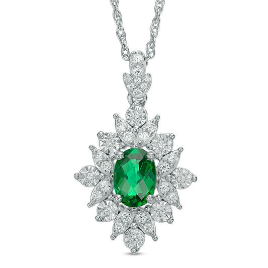 Oval Lab-Created Emerald and White Sapphire Starburst Frame Pendant in Sterling Silver