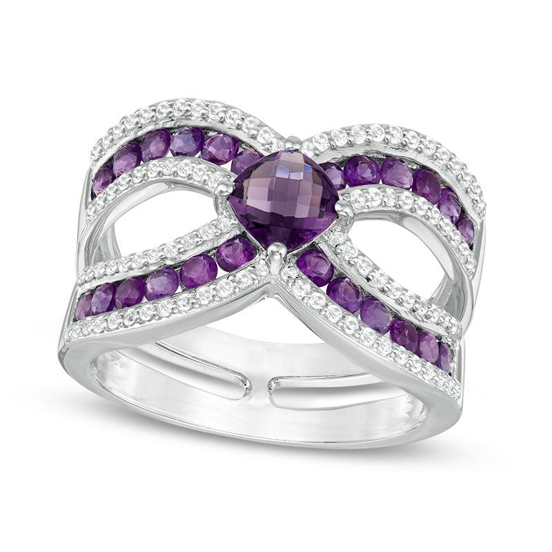 5.0mm Cushion-Cut Amethyst and Lab-Created White Sapphire Split Shank Ring in Sterling Silver