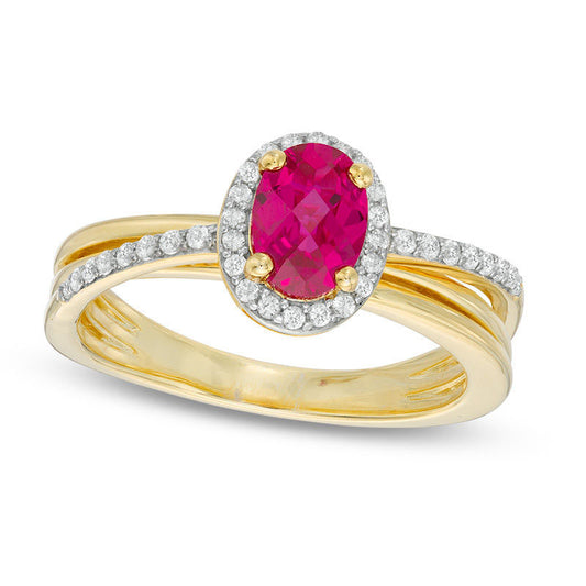 Oval Lab-Created Ruby and White Sapphire Frame Orbit Ring in Sterling Silver and Solid 14K Gold Plate