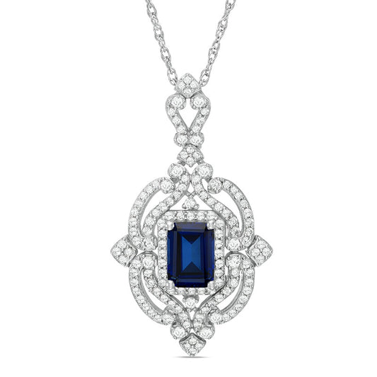 Emerald-Cut Lab-Created Blue and White Sapphire Antique Vintage-Style Frame Pendant in Sterling Silver