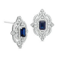 Emerald-Cut Lab-Created Blue and White Sapphire Vintage-Style Frame Stud Earrings in Sterling Silver