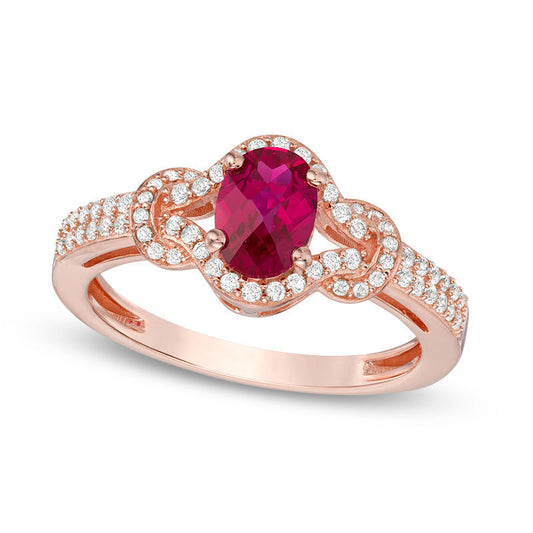 Oval Lab-Created Ruby and White Sapphire Collar Ring in Sterling Silver with Solid 14K Rose Gold Plate