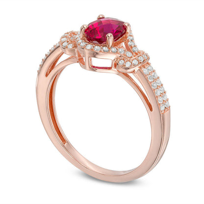 Oval Lab-Created Ruby and White Sapphire Collar Ring in Sterling Silver with Solid 14K Rose Gold Plate