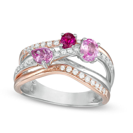 Oval Lab-Created Ruby, Pink and White Sapphire Layered Multi-Row Ring in Sterling Silver and Rose Rhodium