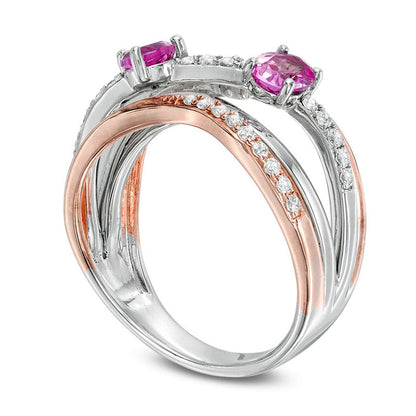 Oval Lab-Created Ruby, Pink and White Sapphire Layered Multi-Row Ring in Sterling Silver and Rose Rhodium