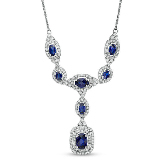 Oval Lab-Created Blue and White Sapphire Frame Necklace in Sterling Silver - 17"