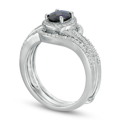 Oval Lab-Created Blue and White Sapphire Swirl Frame Bridal Engagement Ring Set in Sterling Silver