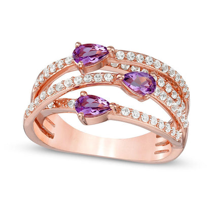 Pear-Shaped Amethyst and Lab-Created White Sapphire Three Stone Orbit Ring in Sterling Silver and Solid 14K Rose Gold Plate