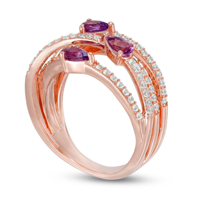 Pear-Shaped Amethyst and Lab-Created White Sapphire Three Stone Orbit Ring in Sterling Silver and Solid 14K Rose Gold Plate