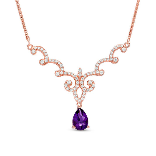 Pear-Shaped Amethyst and Lab-Created White Sapphire Scallop Necklace in Sterling Silver and 14K Rose Gold Plate - 17"
