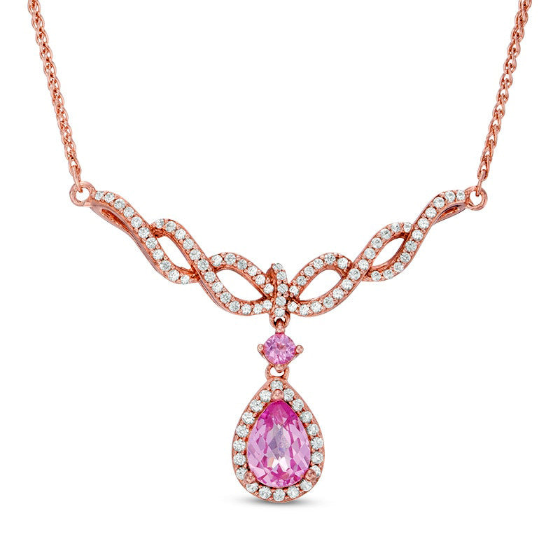 Pear-Shaped Lab-Created Pink and White Sapphire Braid Necklace in Sterling Silver and 14K Rose Gold Plate - 17"