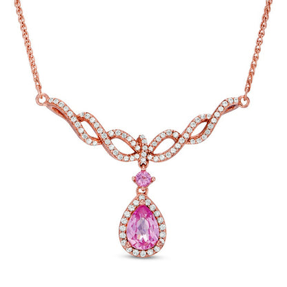 Pear-Shaped Lab-Created Pink and White Sapphire Braid Necklace in Sterling Silver and 14K Rose Gold Plate - 17"