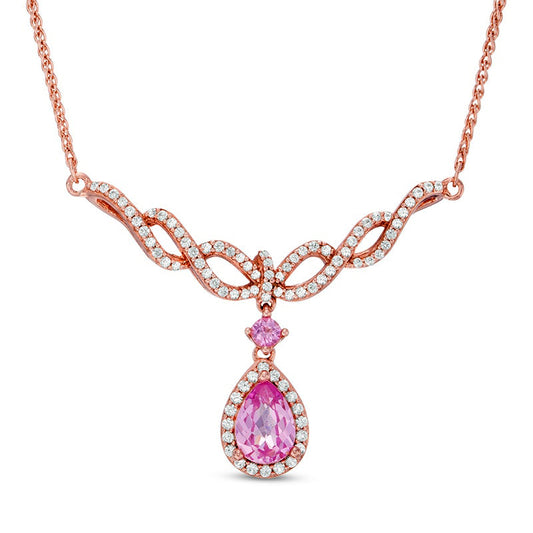 Pear-Shaped Lab-Created Pink and White Sapphire Braid Necklace in Sterling Silver and 14K Rose Gold Plate - 17"
