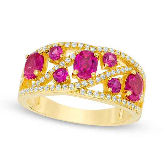 Lab-Created Ruby and White Sapphire Wave Ring in Sterling Silver with Solid 14K Gold Plate