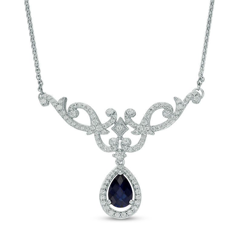 Pear-Shaped Lab-Created Blue and White Sapphire Scroll Necklace in Sterling Silver - 17"