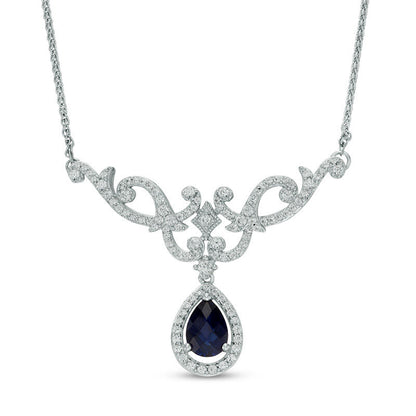 Pear-Shaped Lab-Created Blue and White Sapphire Scroll Necklace in Sterling Silver - 17"