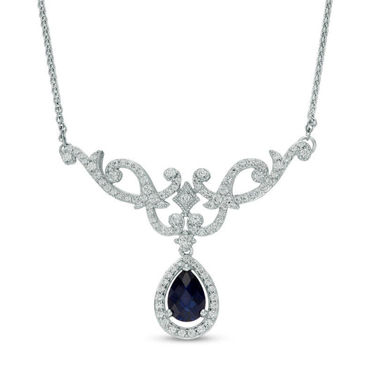 Pear-Shaped Lab-Created Blue and White Sapphire Scroll Necklace in Sterling Silver - 17"