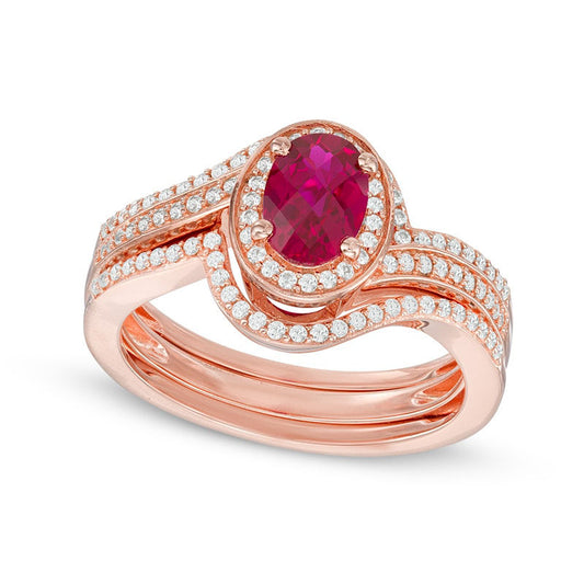Oval Lab-Created Ruby and White Sapphire Swirl Frame Bridal Engagement Ring Set in Sterling Silver and Solid 14K Rose Gold Plate