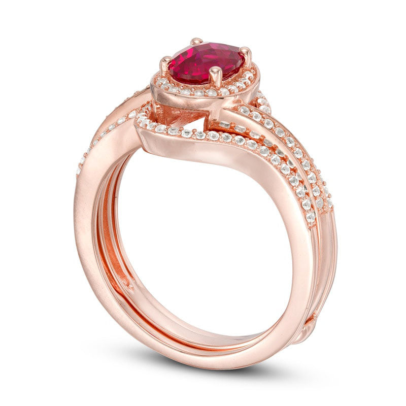 Oval Lab-Created Ruby and White Sapphire Swirl Frame Bridal Engagement Ring Set in Sterling Silver and Solid 14K Rose Gold Plate