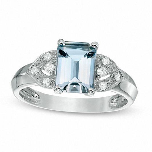 Emerald-Cut Aquamarine and Natural Diamond Accent Petal Ring in Solid 10K White Gold