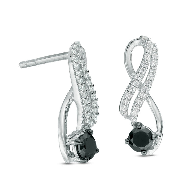 0.5 CT. T.W. Enhanced Black and White Diamond Ribbon Two Row Drop Earrings in 10K White Gold