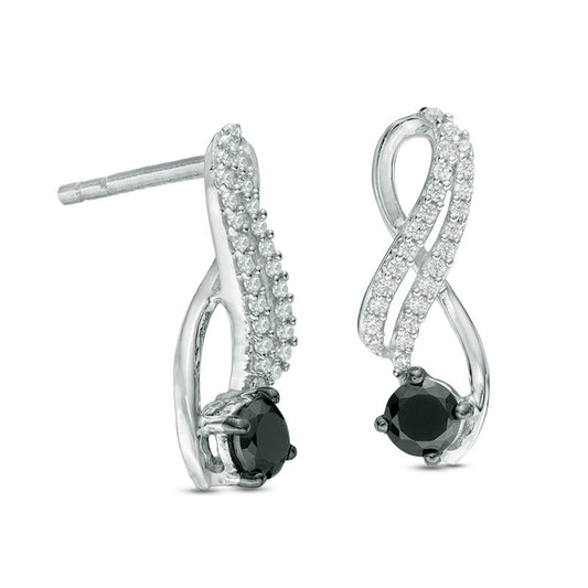 0.5 CT. T.W. Enhanced Black and White Diamond Ribbon Two Row Drop Earrings in 10K White Gold