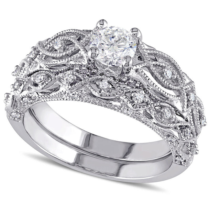 0.75 CT. T.W. Natural Diamond Antique Vintage-Style Bridal Engagement Ring Set in Solid 10K White Gold