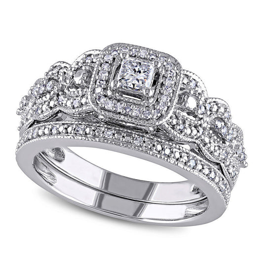 0.50 CT. T.W. Princess-Cut Natural Diamond Frame Antique Vintage-Style Bridal Engagement Ring Set in Solid 14K White Gold