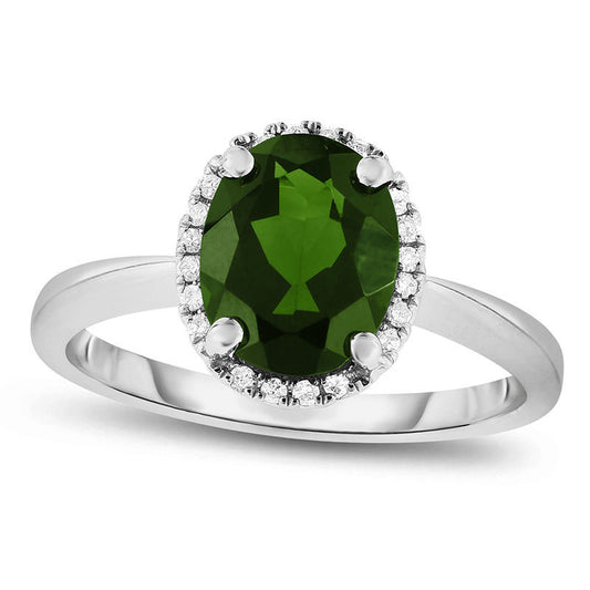 Oval Chrome Diopside and Natural Diamond Accent Frame Ring in Solid 14K White Gold - Size 7